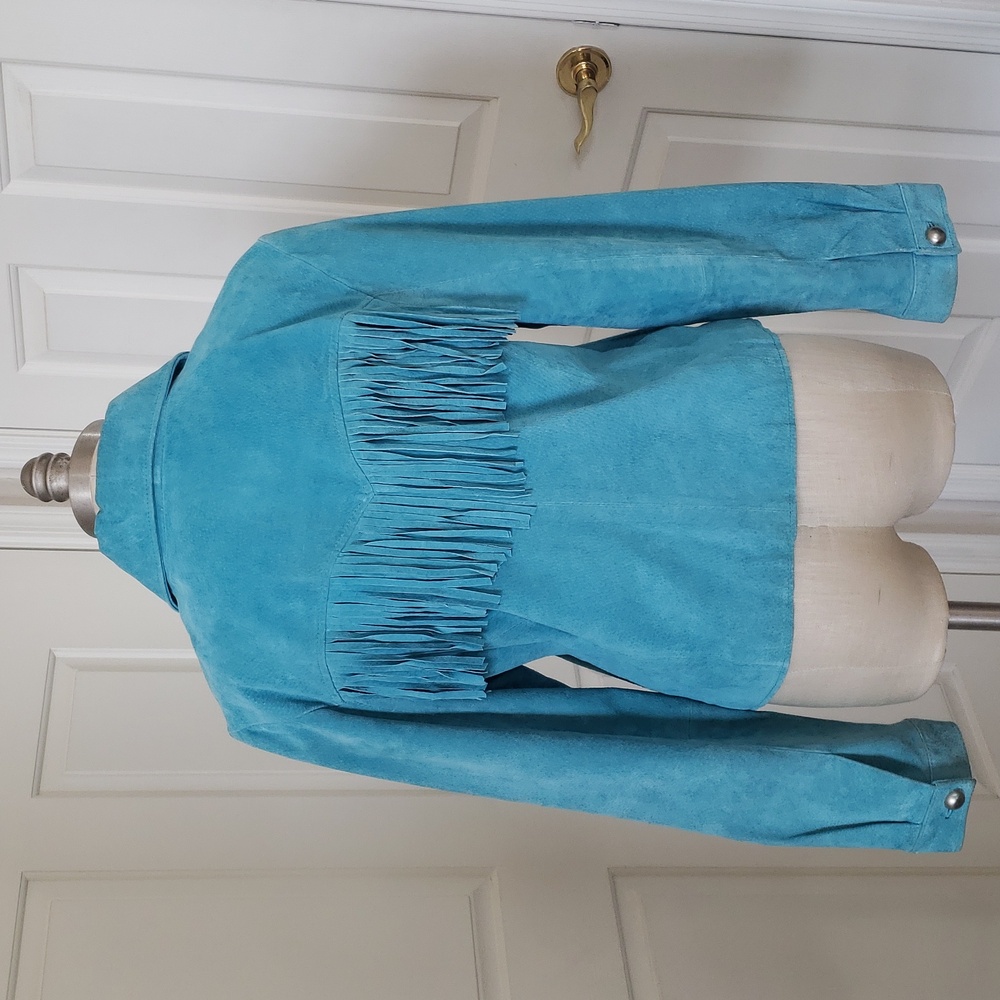 Vintage Margaret Godfrey Turquoise Suede Fringe Western Jacket Cowgirl Rodeo 12 - Picture 4 of 16